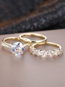 Vanel 3pcs Fashionable Minimalist Cubic Zirconia Stacking Rings, Women Wedding Engagement Promise Rings, Suitable For All Seasons - 3-piece Set - View 4