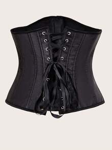 Women Lace-Up Waist Cincher Corset Vest - Black - View 4