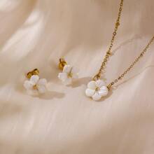 1 件 18K 金真空镀不锈钢贝壳花耳钉和开口戒指首饰套装，精致百搭的欧洲风格 - 花朵 - 查看 10