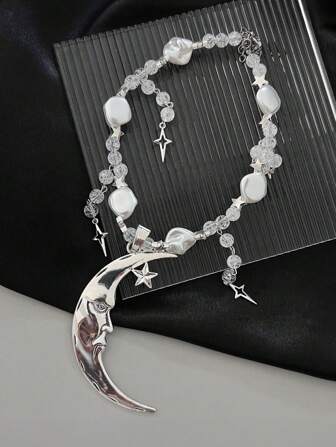 1pc Fashionable Personalized Elegant Moon Pendant Star Beads Tassel Necklace, Charming & Suitable For Daily Wear Gift For Women