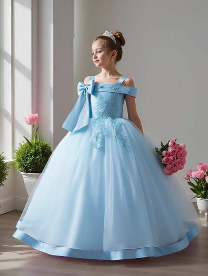 Vestido elegante de fiesta de cumpleaños con aplicación de perlas falsas y lazo de malla para niñas preadolescentes, adecuado para bodas y bailes de graduación, no incluye diadema