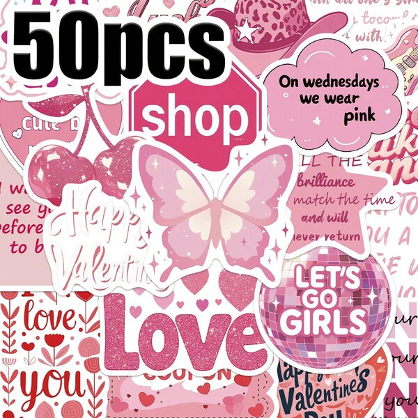 50pcs Pink Graffiti Romantic Quotes Stickers PVC Material Suitable For Luggage Skateboard Storage Cabinet Shelves Electrical Cabinet Helmet Scrapbook Decorative Stickers Matte Finish One-Time Use Perfect For Holiday Gifts!