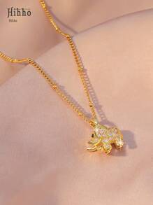 Hihho 1pc Copper Cubic Zirconia Elephant Pendant Necklace - Stainless Steel Chain Plated 18K Gold - Women's Jewelry - Fashionable & Elegant, Suitable As Wife/Lady Gift (Random Number Of Beads On Chain)