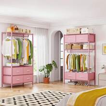 EnHomee Heavy Duty Tall Clothes Rack With Shelves, Hanging Hanger With 4 Drawers, Freestanding Adjustable Wardrobe Closet For Bedroom, Living Room, Cloakroom, Pink - Hồng - Xem 2