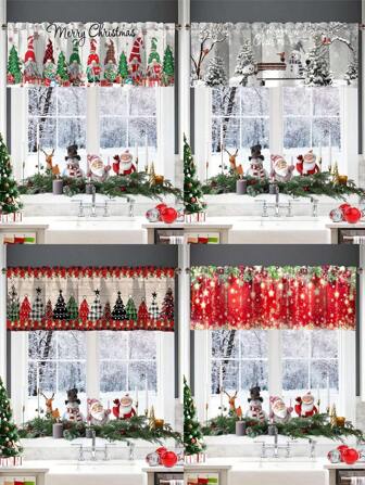 1 件圣诞快乐窗帘帷幔带杆口袋无脸娃娃冬季雪人圣诞树金色雪花五角星图案涤纶窗饰适用于客厅厨房卧室节日冬季仙境主题圣诞家居装饰 2025 闪亮新年 2026 墙壁家居房间装饰