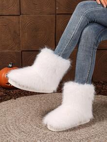 2025 New Fashionable Fluffy Faux Thermal Lined Slip-On Short Boots, Warm & Non-Slip - White - View 3