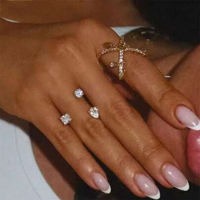 VKHK 2pcs/Set Luxury Sparkling Fully Rhinestoned Zirconia Cross-Over Open Ring Set, Suitable For Women's Everyday And Wedding Wear, Gift