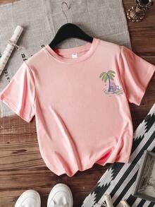 1PC Girls Beach Vacation Palm Tree Print Short Sleeve T - Shirt, Soft Skin - Friendly, Summer Beach Outing Wear - Pink - View 2