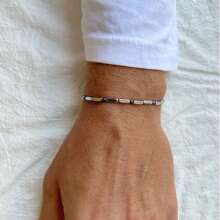 Bracciale da uomo in acciaio dal colore cilindrico, design con perline tonde da 3mm, realizzato con accuratamente selezionato agata nera, con una sensazione di forte e durevole