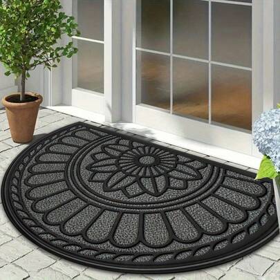 1pc Gray Semicircle Entrance Mat, Decorative Floor Mat Suitable For Entryway, Bedroom, Kitchen, Bathroom Doors, Floral Pattern Polyester Doormat, Front Door Welcome Mat