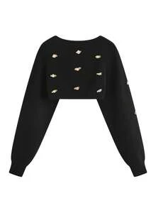 GIGOGOU 秋冬黑色粗针织 3D 刺绣花卉长袖开衫女式开衫，时尚百搭，优雅短款套头衫，适合通勤、情侣约会、度假、派对