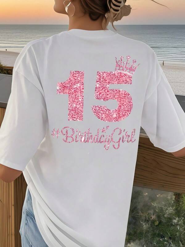 T-shirt d'anniversaire avec couronne pour le 15e anniversaire, femme 220g Nouveau T-shirt d'été en coton avec un col rond et imprimé dans le dos (1 pièce)