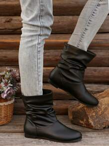 Women Casual Flat Ankle Boots, Retro Solid Color Slip-On Short Boots, Comfortable Outdoor Boots