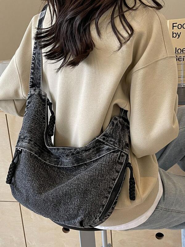 peach tree 1pc Fashionable Peach Tree Vintage Adjustable Shoulder Strap Large Capacity Crescent Crossbody Bag, Multi-Pocket, Water-Washed Wrinkled Nylon, Casual For Work, Shopping