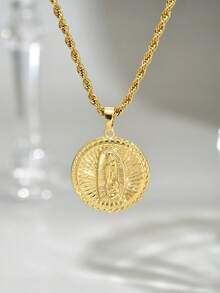 1 件复古金属风格不锈钢镀金扭链项链，带圆形瓜达卢佩圣母玛利亚吊坠，欧洲宗教元素金色瓜达卢佩圣母吊坠项链 - 金色 - 查看 1
