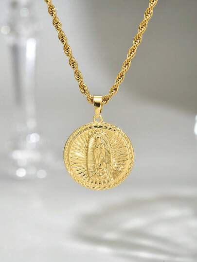 1 件复古金属风格不锈钢镀金扭链项链，带圆形瓜达卢佩圣母玛利亚吊坠，欧洲宗教元素金色瓜达卢佩圣母吊坠项链