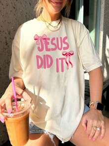 Women's Summer Casual Colorful Letter Jesus Did It Simple Bow Printed Pattern Round Neck T-Shirt Fashionable And Versatile, Girl. Graphic Tees Women White Top - White - View 10