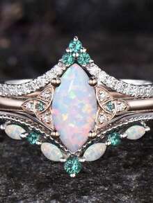 3pcs Luxury Women's Ring Set - Marquise Cut Opal, Faux Gemstone, Party Style Jewelry Gift For Fashionable Women - Bạc - Xem 5