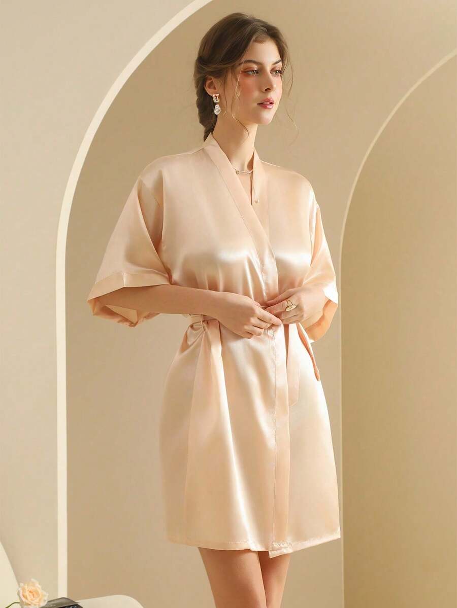 女士真丝睡袍，轻盈开襟长款睡袍，适合新娘、朋友、居家及酒店穿着。 - 香檳色 - 查看 1