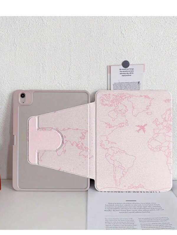 1 pezzo bellissimo astuccio per tablet in acrilico trasparente con cristallo, con stampa a doppia faccia e mappa del mondo rosa, ruotante a 360 gradi, antiurto, supporta funzioni di sonno e risveglio