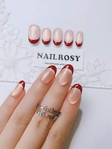 nailrosy 10片裝手工穿戴甲套組 短杏仁形 粉色白色法式鏡面粉末 優雅極簡老錢風 日韓風清新設計 時髦法式中性古典創意亮面閃亮假指甲套組 - 紅色 - 查看 5