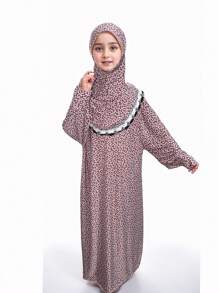 5-13 Years Old Muslim Girls' Abaya Dress (Multiple Colors Available), Traditional Arabic Style Habaya, New Fashionable Muslim Girls' Outfit, Breathable Loose Pink Floral Design With Headscarf (Multiple Colors Available)