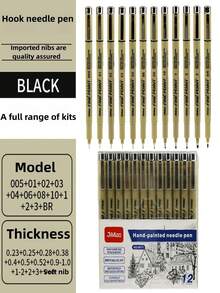 12 支超细微米墨水专业品质针笔，漫画风格多色灵活笔尖绘图套件 - 办公室学校旅行必备，畅销美术用品套装。