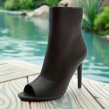 FRAN WILLOR Women's Four Seasons Open Toe High Heels Ankle Boots PU Leather Open Toe Sandals Boots Shoes (With Back Zipper) - màu đen - Xem 5