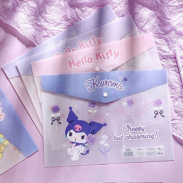 Sanrio 1 pieza/4 piezas. Bolsa de documentos Sanrio con botón a presión, bolsa de almacenamiento de exámenes, carpeta A4 con diseño de dibujos animados lindos Kulomi para organizar los exámenes, útiles escolares, de vuelta a la escuela