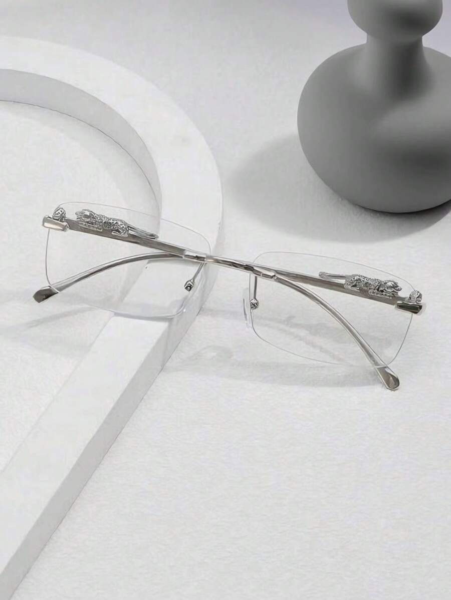 1 Pair Men's Silver Frameless Metal Vintage Glasses, Fashion Business Casual Eyewear Suitable For Daily Wear, Autumn/Winter - Silver - View 1