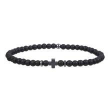 New Men's 4mm Black Obsidian Cross & Volcanic Stone, Turquoise Beaded Bracelet