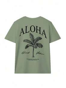 2026 Summer Shirts Women's New Palm Tree Slogan Print Casual Round Neck Short Sleeve T-Shirt, Fashionable Resort Style, Your Daily Essential Item. Gr - 綠色 - 查看 3