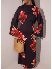 欧洲及中东风格花卉印花腰带连衣裙，叶花印花，梭织面料，后背拉链，正式晚礼服，秋冬黑色 - 黑色 - 查看 2