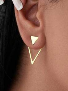 1/2 对简约几何镂空钻石形前后耳环，耳环设计有两种佩戴方式，独特的钻石形耳夹，适合女性 - 金色 - 查看 16