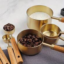 8pc Stainless Steel Measuring Cup And Spoon With Rosewood Handle, Durable Kitchen Baking Tools Including Spice Spoon And Coffee Spoon, Nested Design For Easy Storage, Suitable For Baking Cooking And Cocktail Making - Gold 8-piece Set - View 6