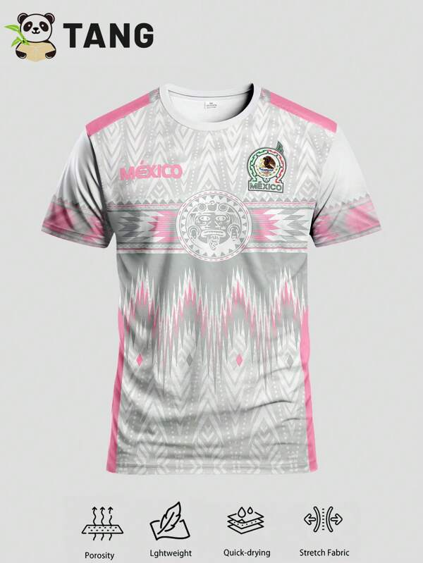 Mexico Style Men's Soccer Jersey & Crew Neck Comfortable Sports Top, Suitable For Match, Football Training And Casual Everyday Wear