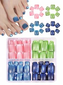 96 piezas de uñas postizas para los dedos de los pies con efecto de ojo de gato en color verde, azul y rosa. Uñas falsas cuadradas para los dedos de los pies y suministros de uñas.