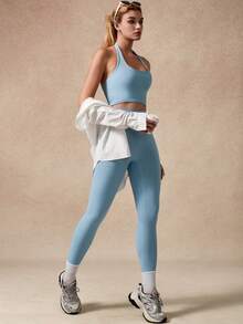 NcmRyu 1套女士性感露背吊带背心和紧身裤运动套装 - 藍色 - 查看 4