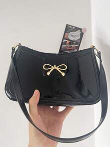 女士时尚优雅新月形腋下单肩包，休闲风格，亮漆黑色纯色腋下钱包，通勤百搭，蝴蝶金属装饰 - 黑色 - 查看 9