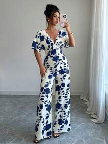 女式褶皱不对称黑白印花连体裤，腰带高腰阔腿宽松休闲工作连体裤 - 藏蓝色 - 查看 4