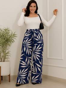 Printed High-Waisted Palazzo Pants With Pockets, Lining And Ties - Pantalones estampados azul marino - Ver 2