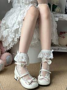 1 双女士可爱日式花卉侧图案袜子、中筒袜 - 白色 - 查看 2