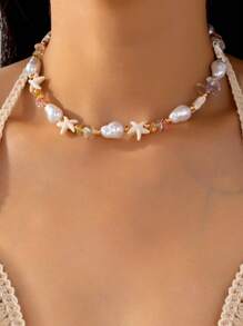 1pc Handmade Faux Pearl Starfish Choker Necklace With Colorful Beads, Fashion Jewelry For Women, Suitable For Daily Wear And Vacation, Random Color Beads