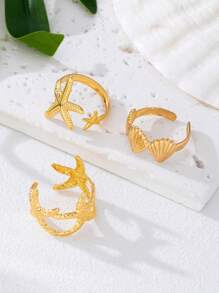 2pcs Metal Ocean Series Rings Set, 3D Starfish And Shell Adjustable Rings For Women, Suitable For Ball, Party, Holiday Wear, Girlfriends' Date Gift