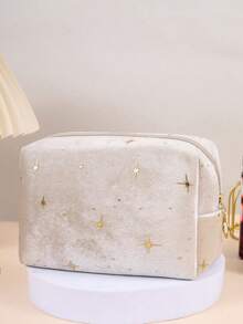 1pc Velvet Star Octagonal Cosmetic Bag, Large Capacity Portable Makeup Bag, Travel Organizer Pouch For Cosmetics, Skincare, Lipsticks, Simple Solid Color Style, Great Gift Item Travel Essentials Bag For School Vacation Holiday Back To School Supplies Travel Bag For Women - Multicolor - View 11