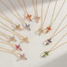 1pc Rhinestone Decorated Rotatable Cross Pendant Necklace, Luxury Choker Necklace