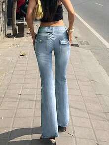 波西米亚风 Y2K 刺绣后袋浅色喇叭牛仔裤，女款，初秋休闲春季 - 淺色水洗藍 - 查看 2