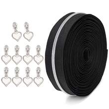 1 conjunto, zíper de 450 cm/177,16 polegadas com 10 puxadores de zíper em formato de coração, zíper de nylon nº 3, dentes prateados, opções de cores preto e branco, adequado para roupas, bolsas, têxteis para o lar, artesanato e muito mais