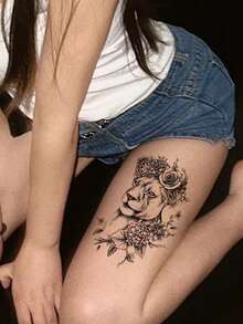 10 piezas/2 piezas Pegatinas de tatuaje desechables realistas de león negro con rosa & hortensia, tatuajes temporales realistas grandes de flores & animales a prueba de agua, pegatinas de decoración corporal sexy para cintura y caderas de mujeres, pegatinas de arte corporal temporal grandes de flores & animales de larga duración - Negro - Ver 3