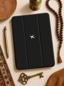 Airplane 1pc Minimalist Black Background Plane Pattern Silicone Shock Proof Tablet Protective Case With Pen Slot, Compatible With Multiple IPad Models, Holiday/Birthday Gift